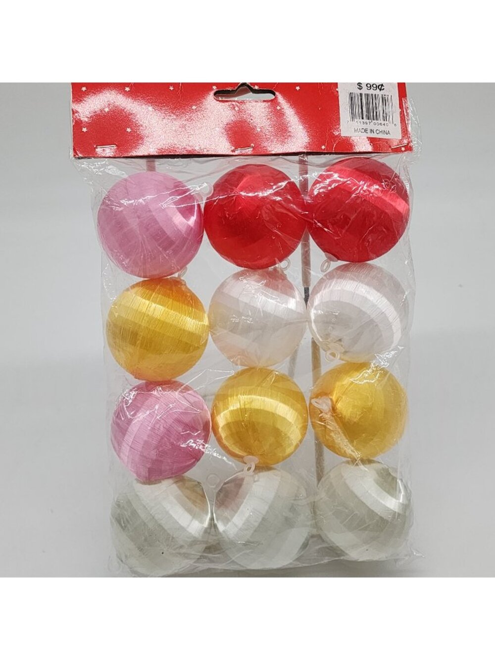 Satin Spun Wrapped Plastic Ornaments Disco Ball Design Red Pink White Yellow